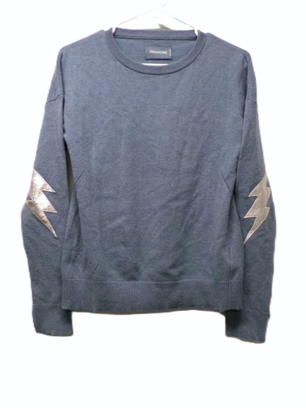 Zadig & Voltaire Cici Lightning Bolt 100% Cashmere Blue Sweater sz XS *FLAW